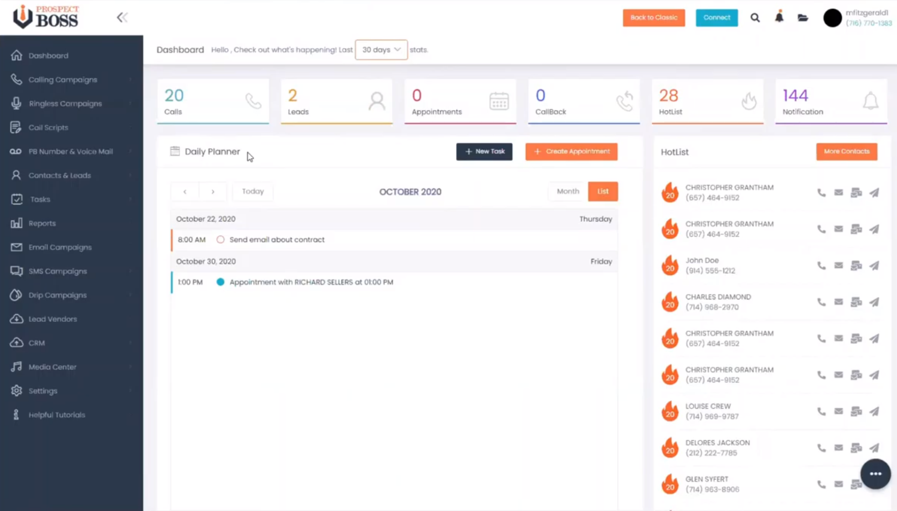 ProspectBoss CRM dialer interface for managing sales calls and leads