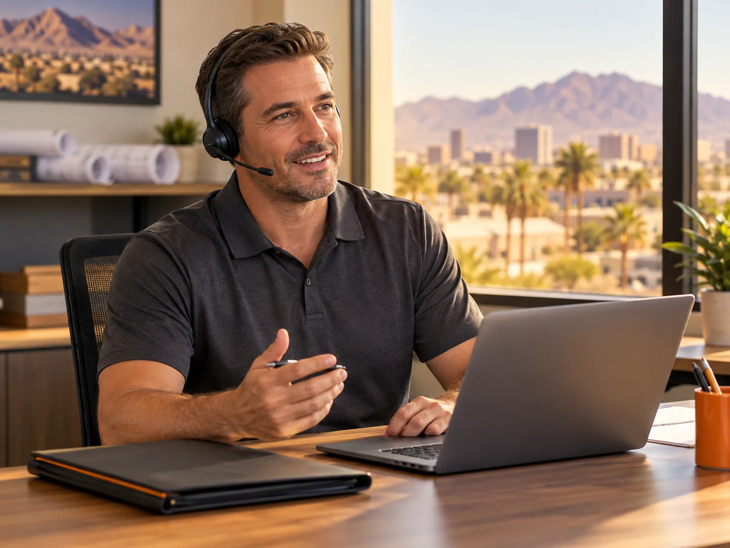Illustrative photo of a roofing sales professional on a headset in a Phoenix office